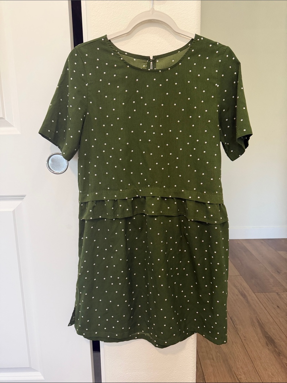 Polka Dot Short Sleeve Olive Green Shift Dress